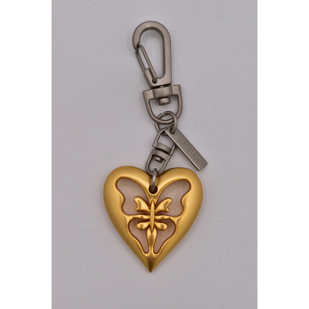 Vintage St. John Butterfly Heart In One Keychain Keyring Fob Brushed Gold Silver